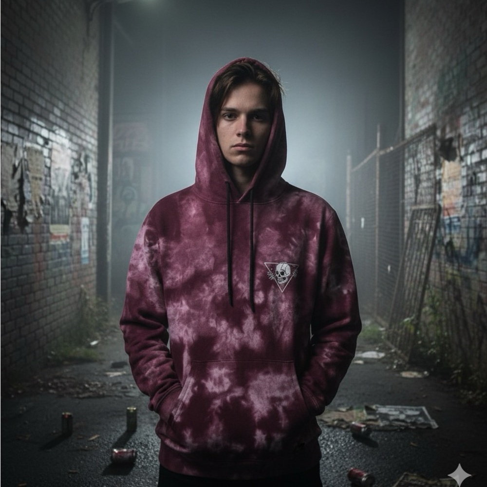 Boys Burgundy‎ Tie-Dye Hoodie Skull Logo Streetwear